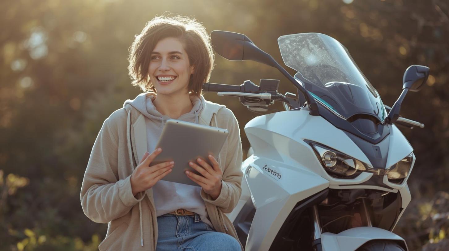 Marketer smiles beside electric motorbike while reviewing blurred tablet data in sunlight.
