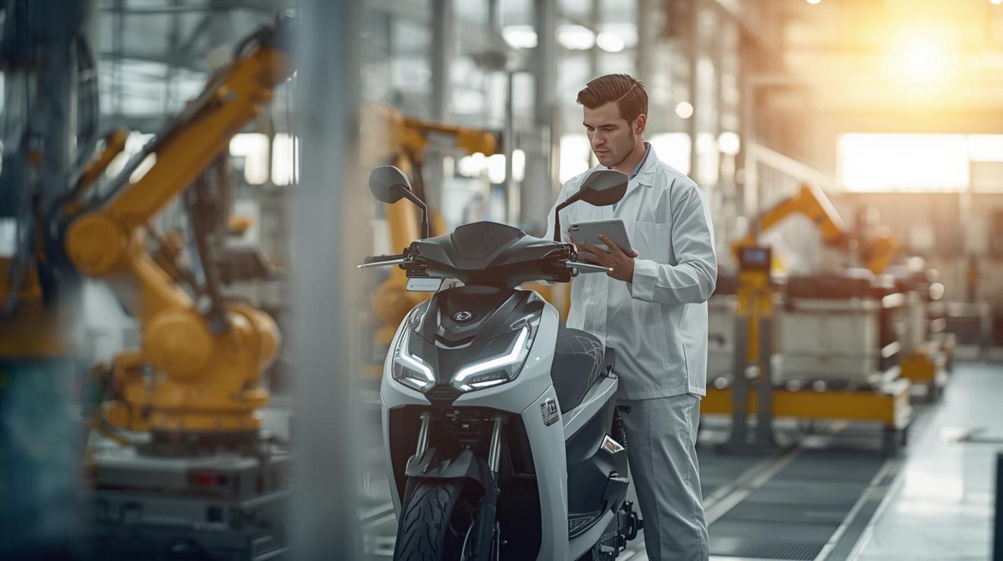 Engineer reviewing electric motorbike production line in bright, modern, high-tech manufacturing facility.